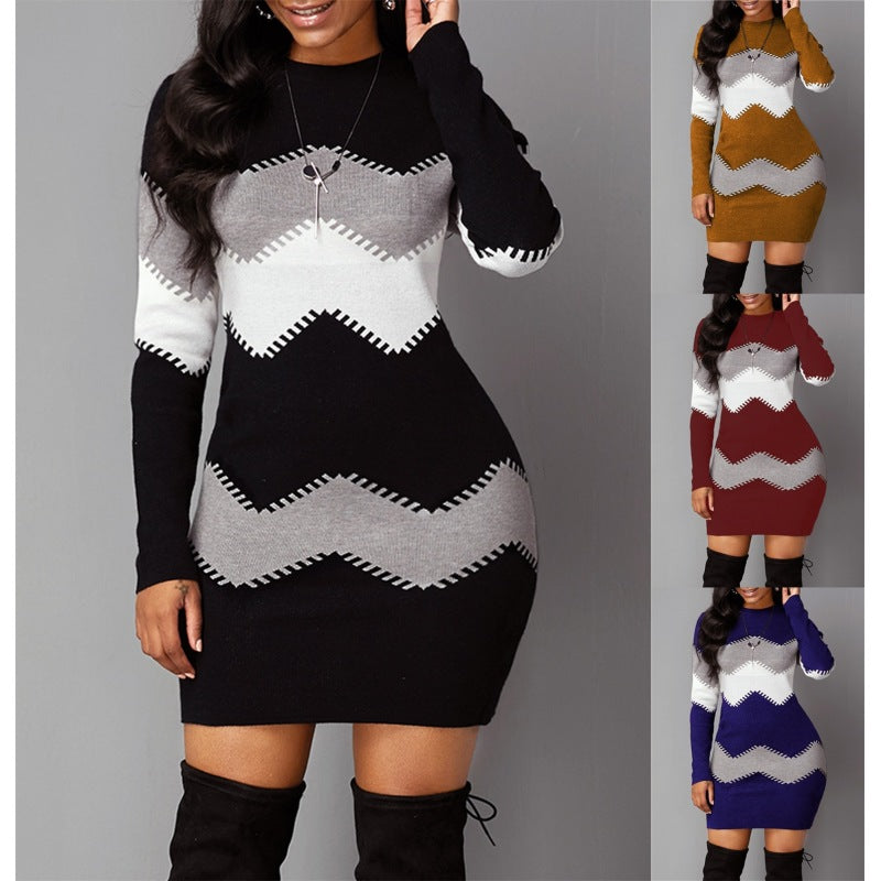 Women Fashion Print Slim Knitted Dress Female Long-sleeve O-neck Elegant Bodycon Package Hips Mini Dresses 5XL