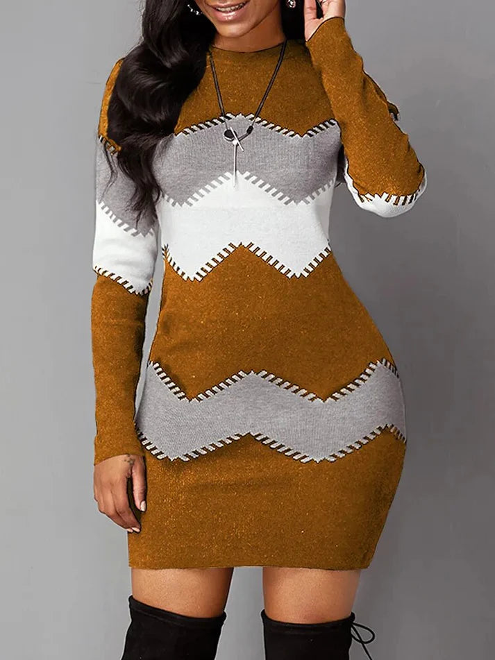 Women Fashion Print Slim Knitted Dress Female Long-sleeve O-neck Elegant Bodycon Package Hips Mini Dresses 5XL