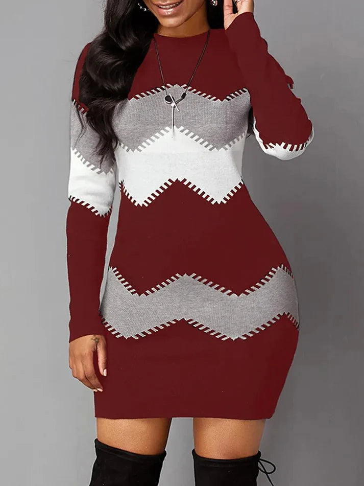 Women Fashion Print Slim Knitted Dress Female Long-sleeve O-neck Elegant Bodycon Package Hips Mini Dresses 5XL