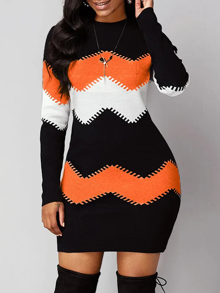 Women Fashion Print Slim Knitted Dress Female Long-sleeve O-neck Elegant Bodycon Package Hips Mini Dresses 5XL